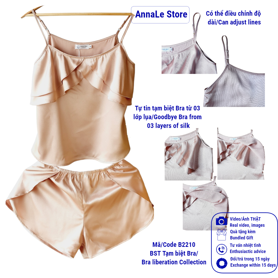 Bộ ngủ/mặc nhà Tạm Biệt Bra/Áo lót, 02 dây lụa satin cao cấp, B2210, AnnaLe Store