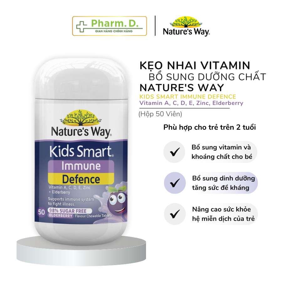 Kẹo Nhai NATURE'S WAY Kids Smart Immune Defence Chewable Giúp Bổ Sung Vitamin Cho Bé (Hộp 50 Viên)