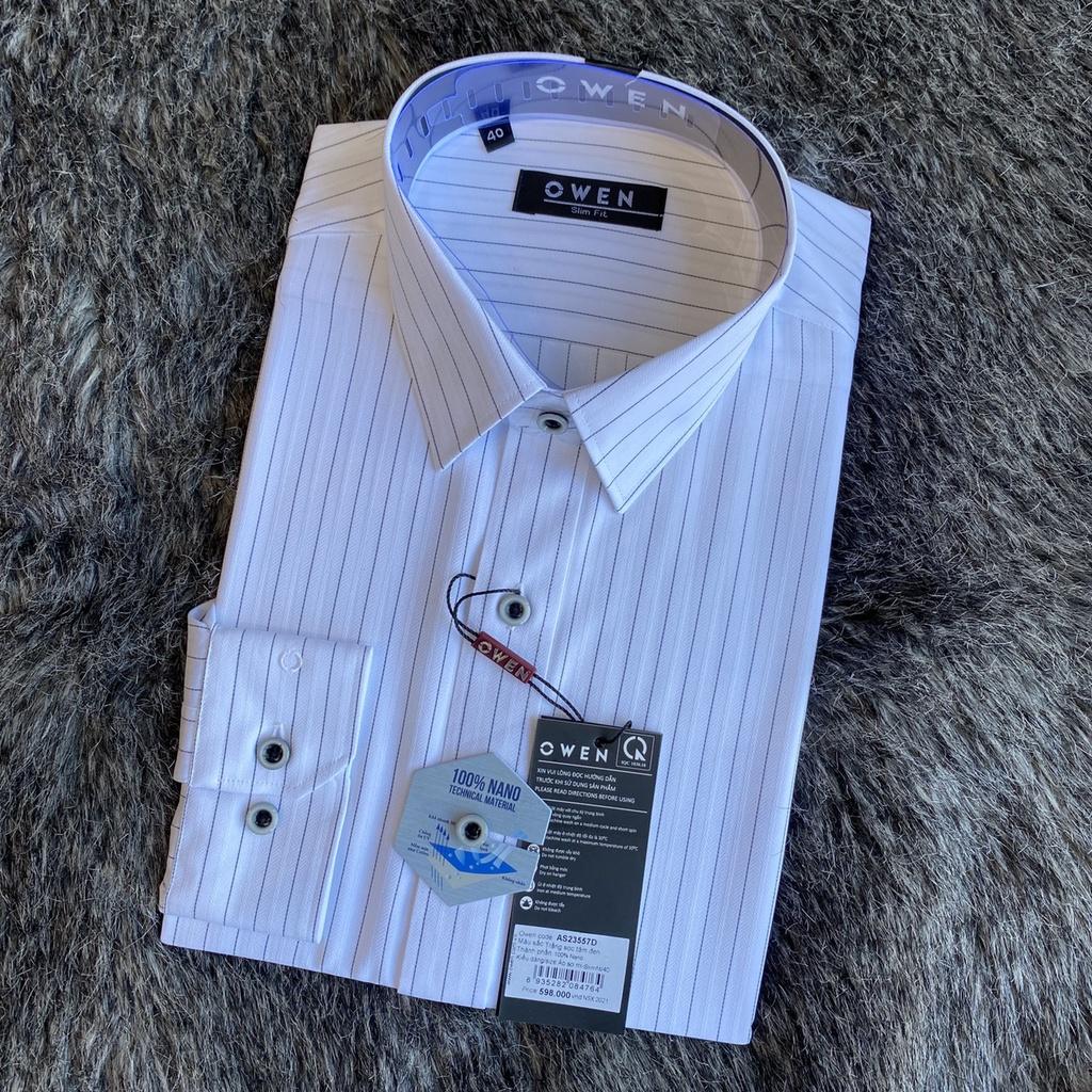 OWEN - Áo sơ mi dài tay OWEN Slimfit chất Nano chống nhăn màu trắng kẻ sọc 23557 - Áo sơ mi nam Owen