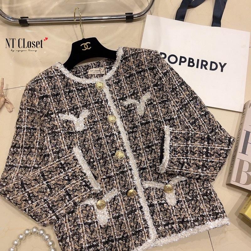 Áo khoác dạ tweed nâu khuy vàng chuẩn NT closet
