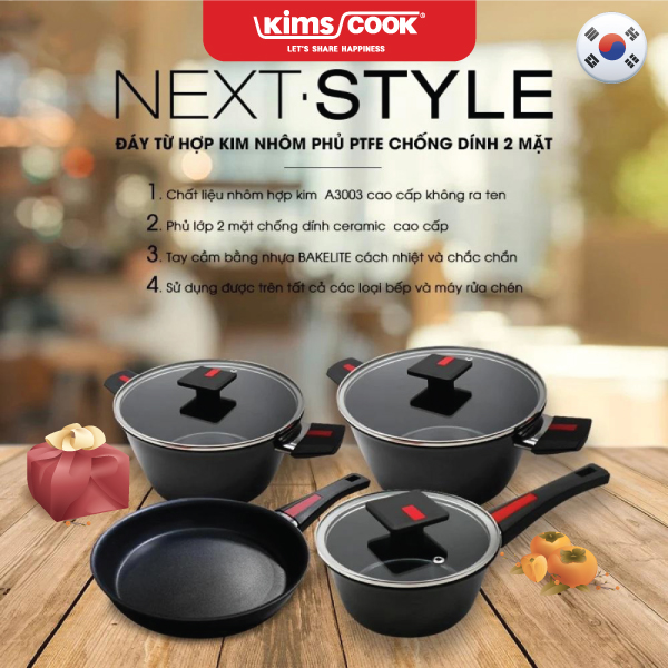 Bộ nồi chảo cao cấp Next Style đáy từ hợp kim nhôm chống dính Kims Cook 07 món