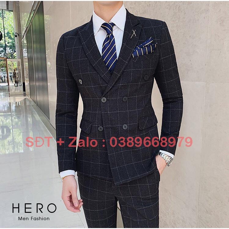 Bộ Vest Nam Cao Cấp Kẻ Caro, Bộ Suit Nam Hàn Quốc Kẻ Caro đen