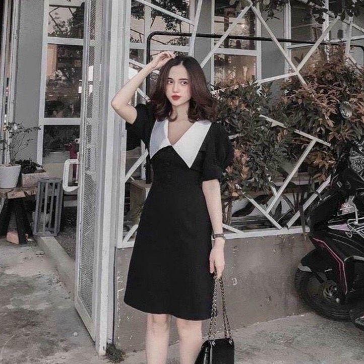 Đầm Xoè Đen Phối Cổ Sen Xinh, Style Nhẹ Nhàng Thanh Lịch