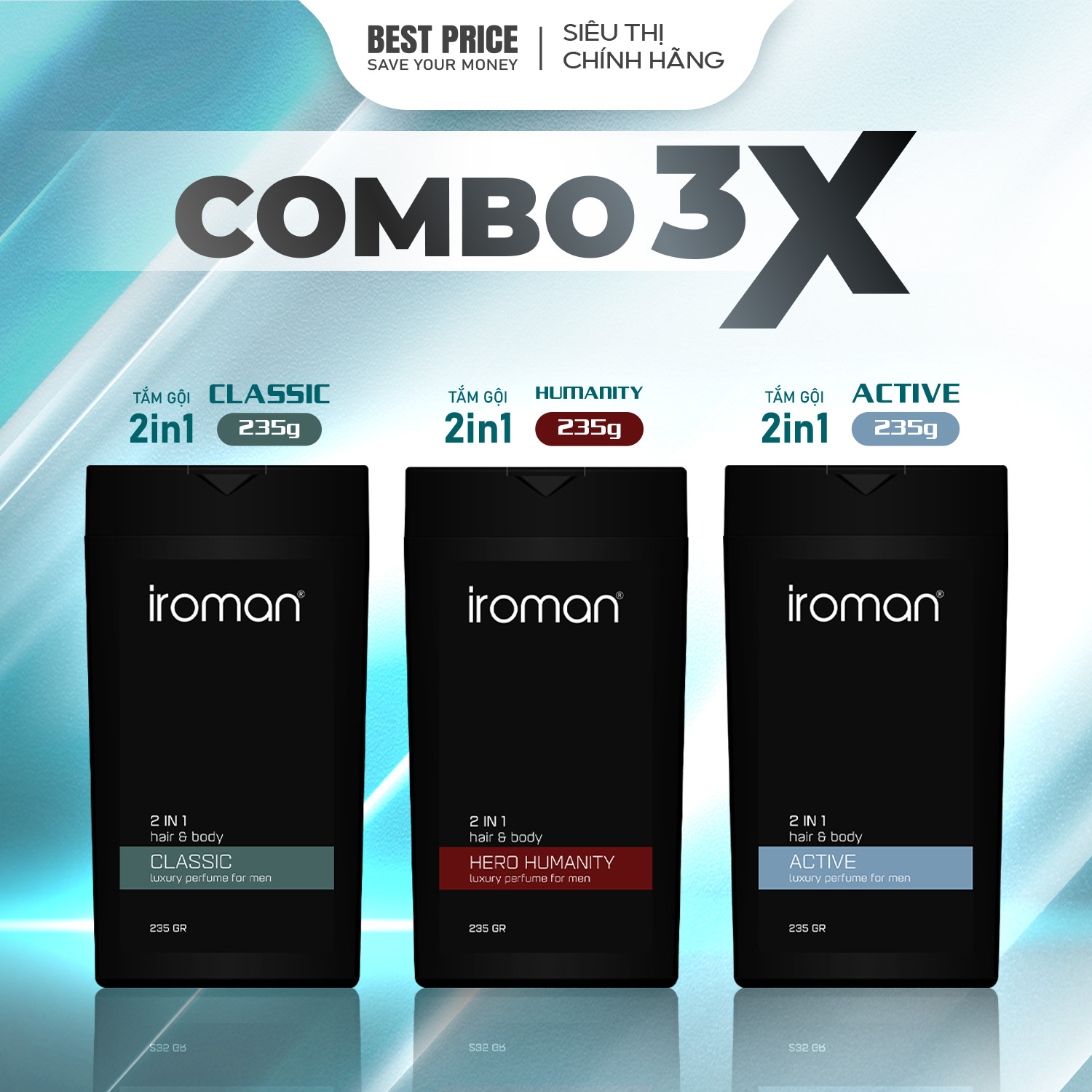 Combo 3 chai tắm gội 2in1 Iroman hương nước hoa cho nam thơm lâu ngăn giàu giảm rụng 705G