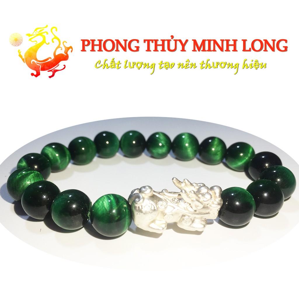 Vòng tay đá Mắt Hổ Xanh Lá 5A mix Tỳ Hưu Bạc hợp mệnh Mộc và Hỏa