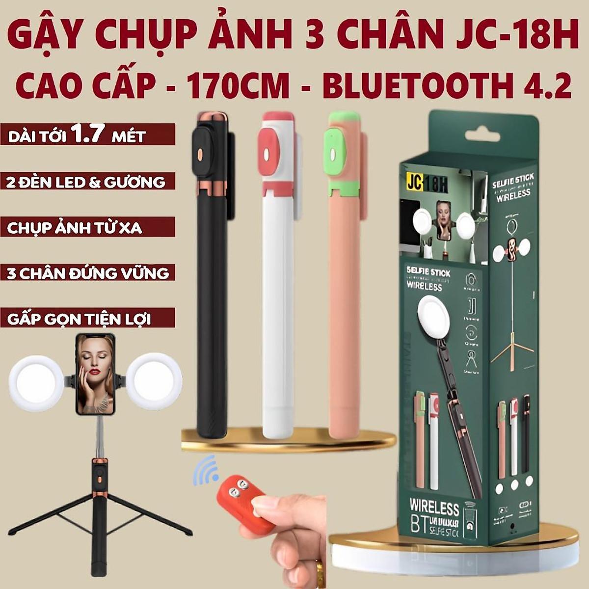 Gậy chụp ảnh selfie 3 chân kéo dài 170cm, có 2 bóng đèn LED trợ sáng và Bluetooth điều khiển từ xa lên đến 10 mét, TRẮNG - TRẮNG