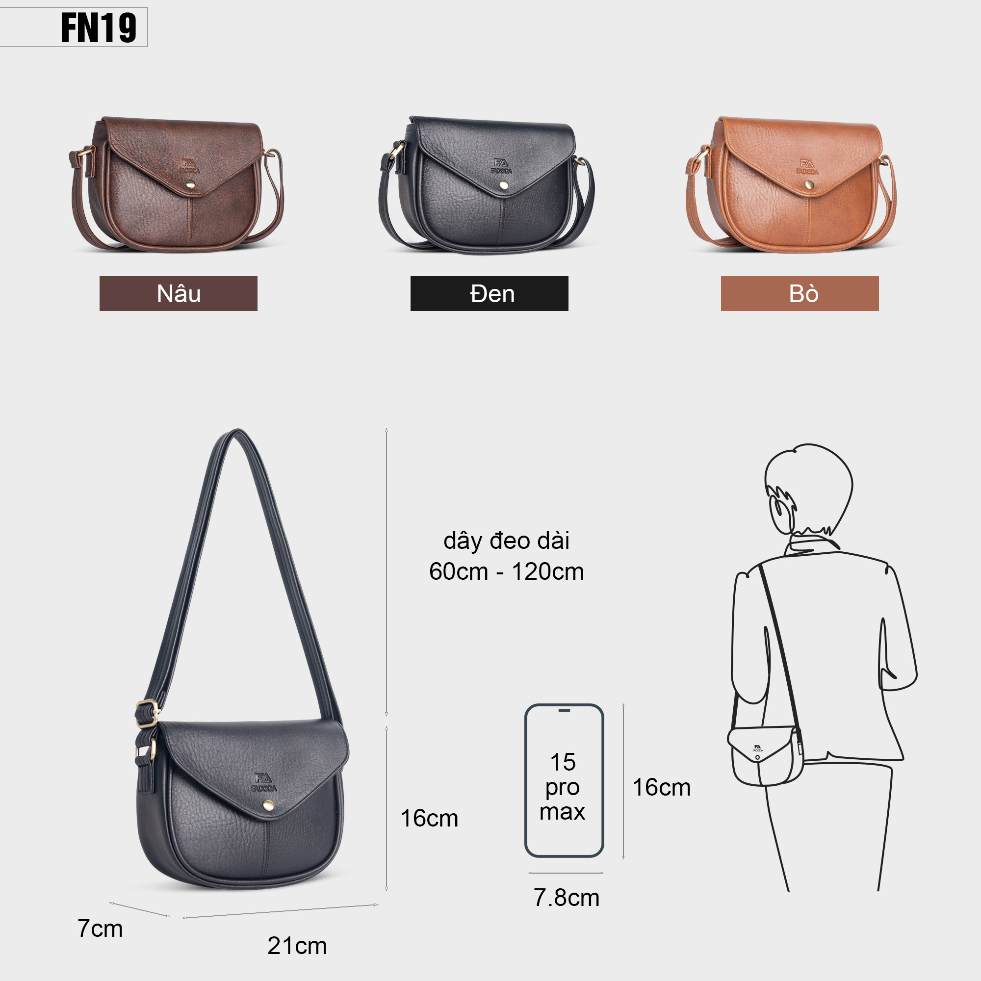 Túi đeo chéo nữ nhiều ngăn FADODA FN19 hình bán nguyệt
