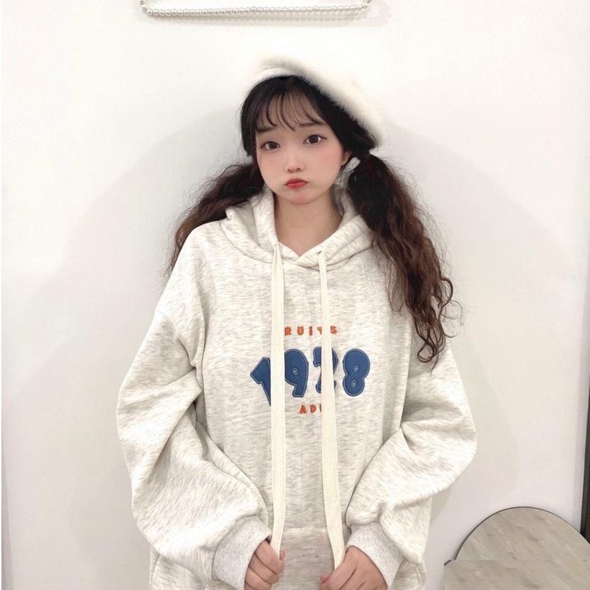 Áo Hoodie Nam Nữ Nỉ Ngoại 1928 Thêu Nổi Dáng Thụng Màu Xám Mũ 2 Lớp