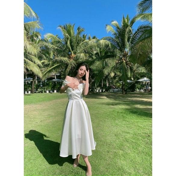 TTL đầm xòe midi trắng nơ ngực trễ vai tiểu thư dự tiệc váy cưới cô dâu có mút nhún xoắn ngực