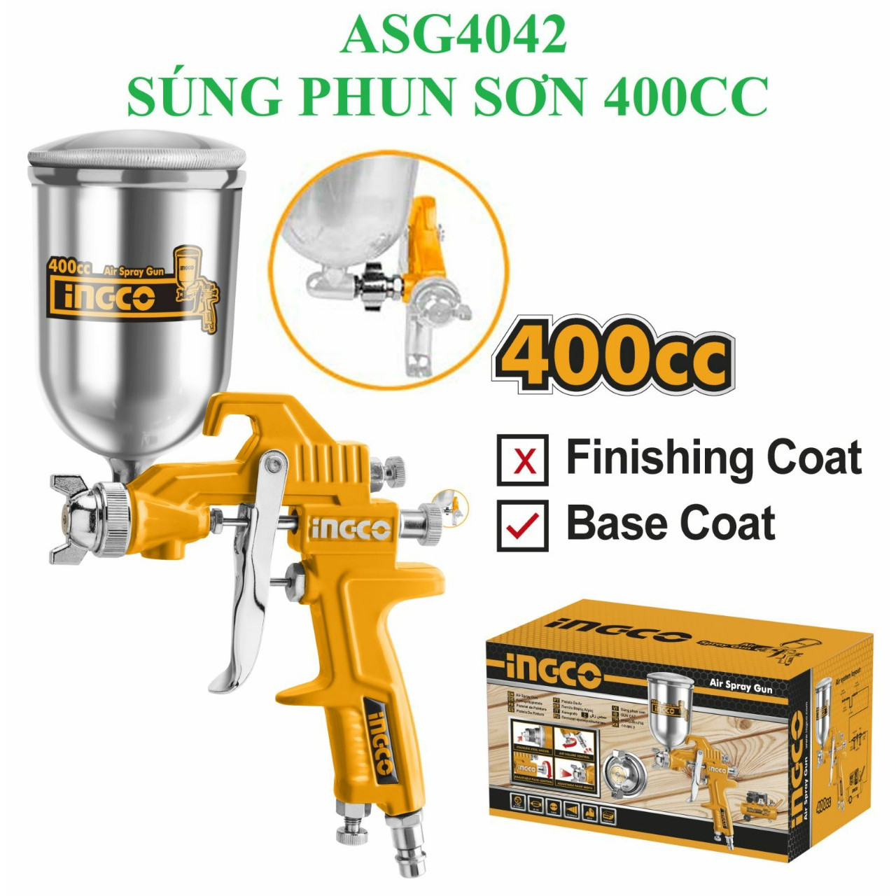 Máy phun sơn INGCO ASG4042 - dụng cụ phun sơn đầu phun tiêu chuẩn 1.5mm, áp suất 3.0-4.0 bar, thể tích bình nhôm 400cc [XSAFE]