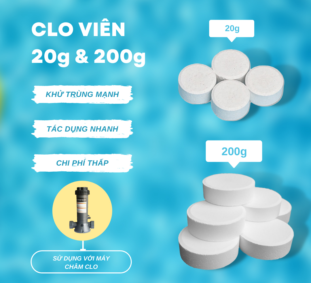 Clorin viên nén 200g hàm lượng 90%, 5kg viên nén TCCA 200g xử lí nước bể bơi, diệt rêu tảo, khử trùng sát khuẩn hiệu quả