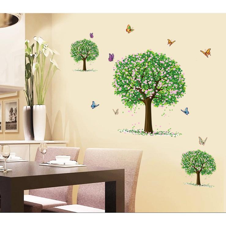 Decal trang trí tường 3 thân cây lớn có Hoa cùng Bướm xinh