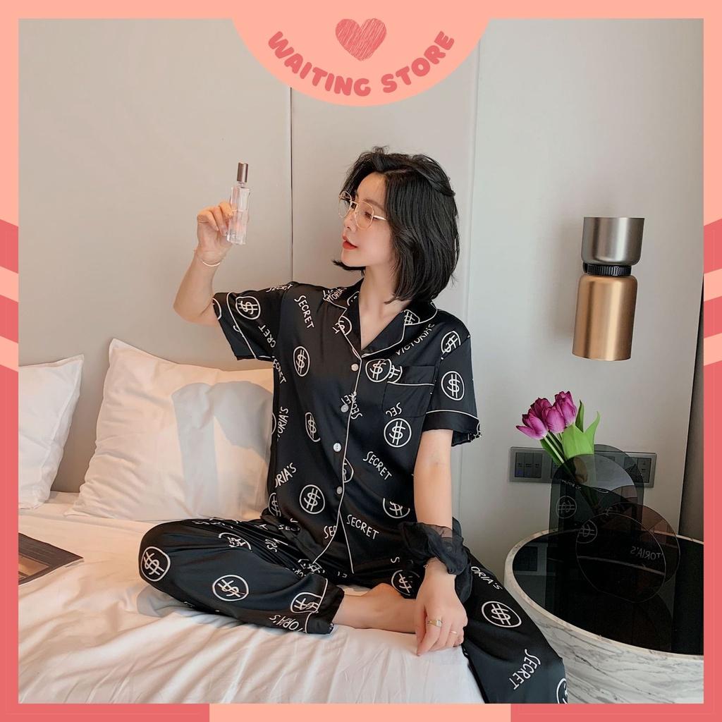 Pijama Nữ - Bộ Ngủ Cộc Dài Vải Lụa Cao Cấp Màu Đen Họa Tiết Chữ CDLP06 - XL &lt; 66kg