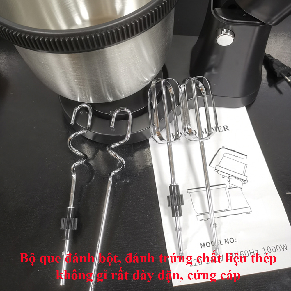 Máy đánh trứng trộn bột để bàn 1000W siêu khỏe, thố inox 4L. Máy đánh trứng S.O.K.A.N.Y đa năng 5 tốc độ, công suất lớn