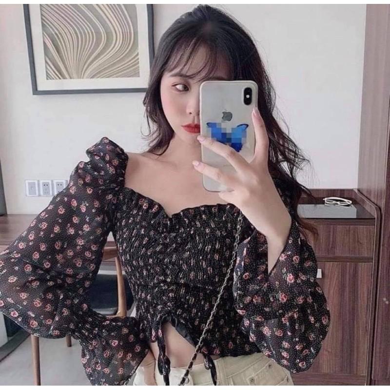 ÁO VOAN CROPTOP HOA NHÍ RÚT DÂY
