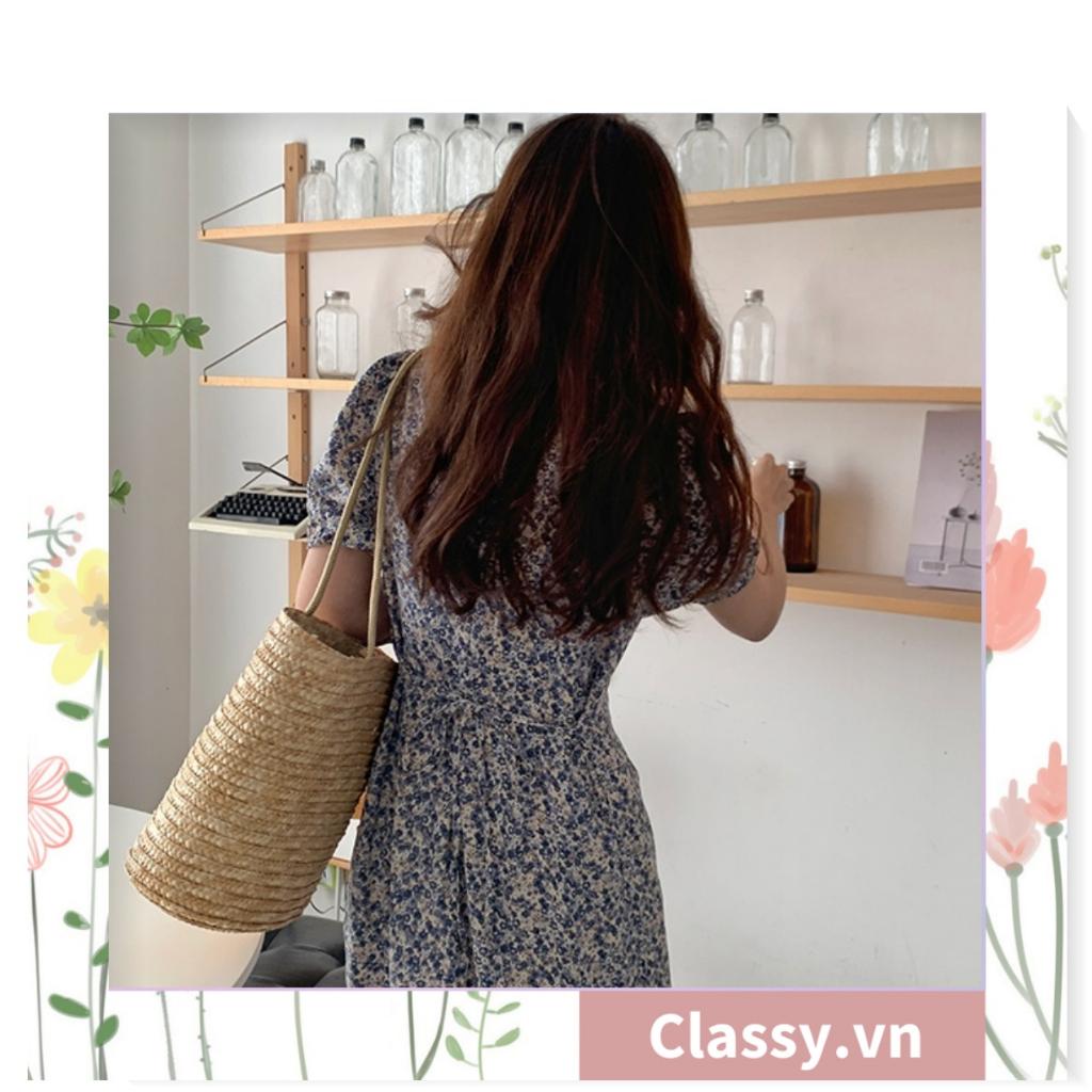 Túi cói Classy hình xô đi biển kiểu dáng Vintage, đính kèm hoa trà xinh xắn T993