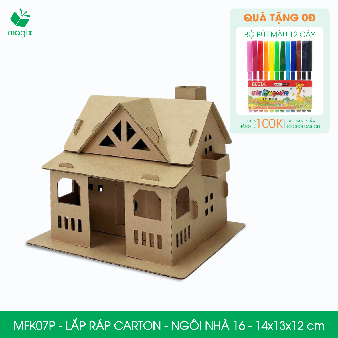 MFK07P -14x13x12 cm - Mô hình ngôi nhà lắp ráp từ bìa carton cao cấp, nhà giấy carton mini sáng tạo