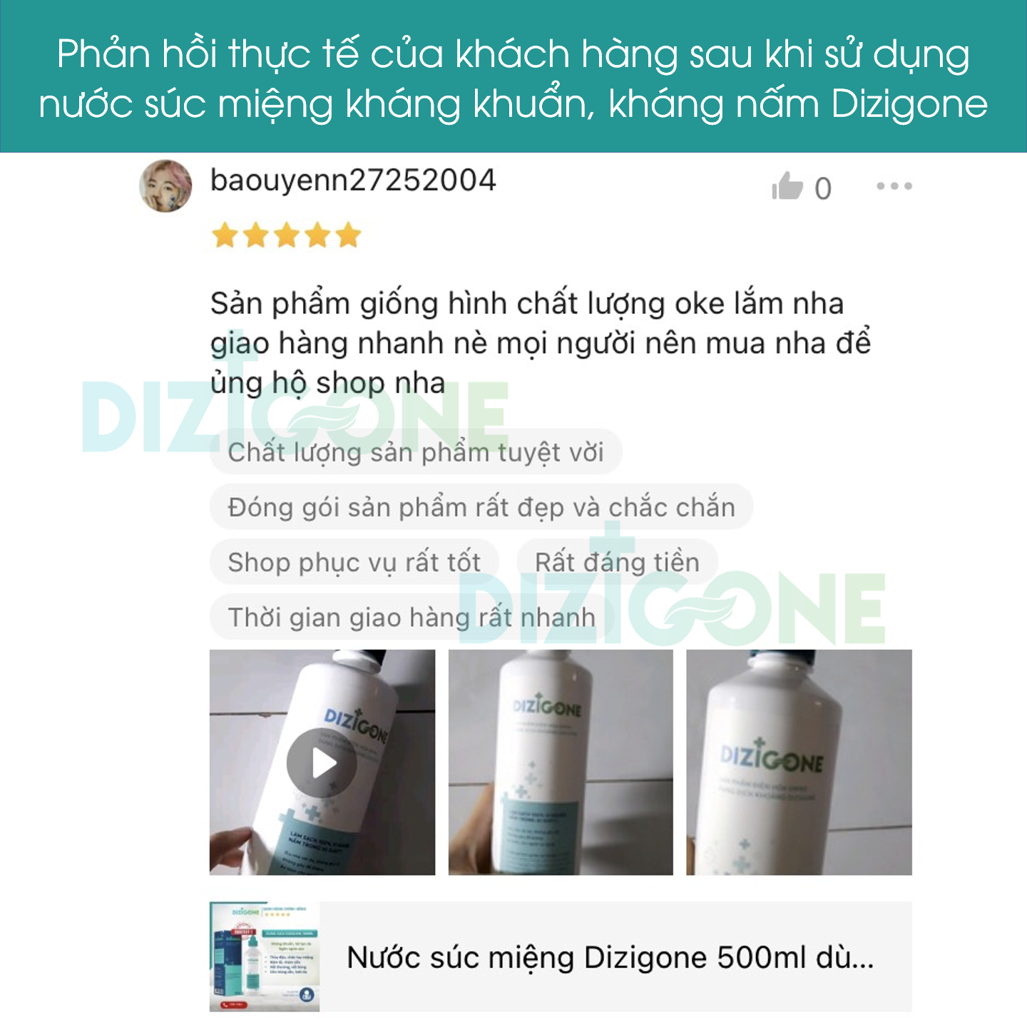 Nước súc miệng DIZIGONE xử lý nấm miệng, loét miệng, nhiệt miệng, hôi miệng dung tích 500ml