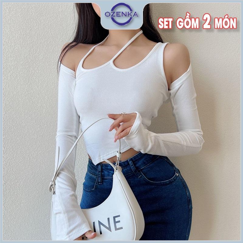 Set áo croptop tay dài hở vai áo ba lỗ nữ vạt nhọn OZENKA , áo crt ôm body gợi cảm mềm mịn thấm hút mồ hôi
