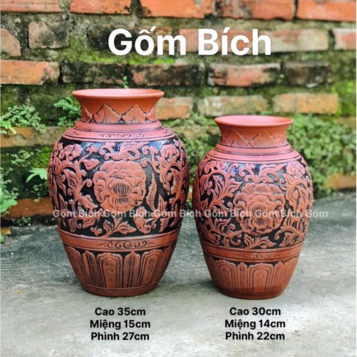 Bình Hoa Gốm Khắc Hoa Sen Cổ Phù Dung Nổi Nhiều Mẫu Gốm Sứ Bát Tràng Lọ Hoa Đất Đỏ - Gốm Bích