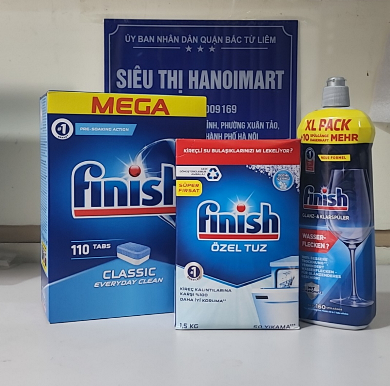 Combo muối rửa bát Finish 1,5kg+viên rửa bát Finish 120 viên+Nước làm bóng bát chén finish 800ml
