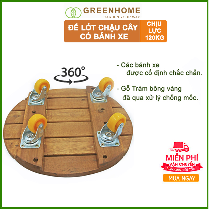 Đế lót chậu bằng gỗ Greenhome có bánh xe Tròn R30cm chịu lực 120kg