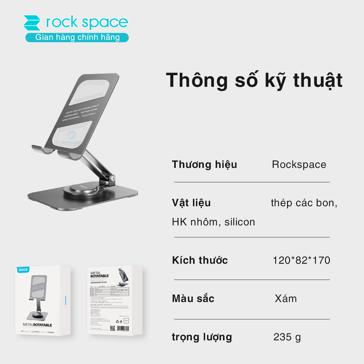 Giá đỡ điện thoại, máy tính bảng thông minh xoay 360 độ Rockspace Rotatable chống trượt làm bằng kim loại hàng chính hãng