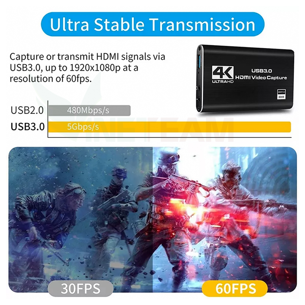 Video Capture Card 4K HDMI USB 3.0 Vinetteam Full HD 1080p 60fps Video Capture Game Livestream Dành Cho PS4, Nintendo, Xbox, Camcorder - Hàng Chính Hãng