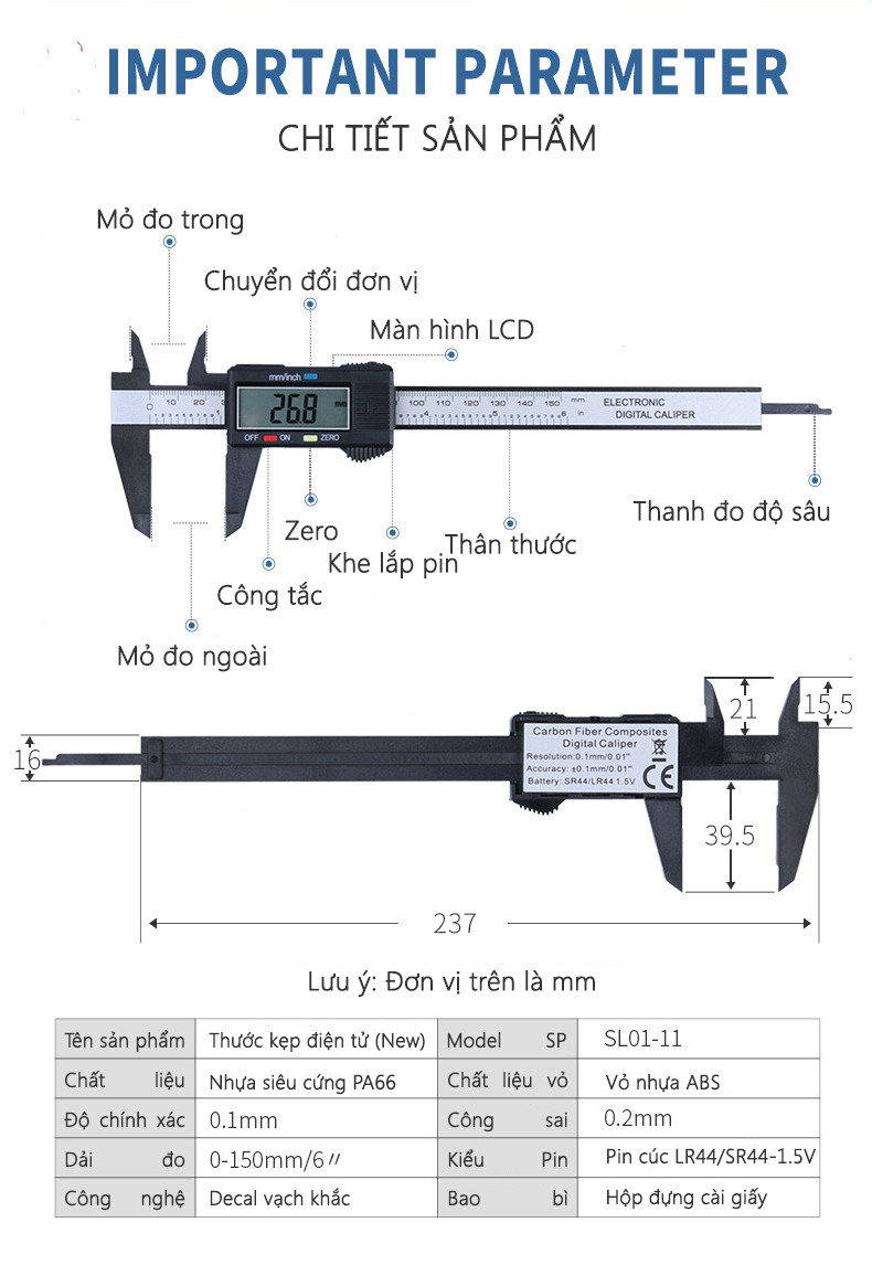 Thước cặp điện số hàng hộp nhựa tặng kèm pin 150mm