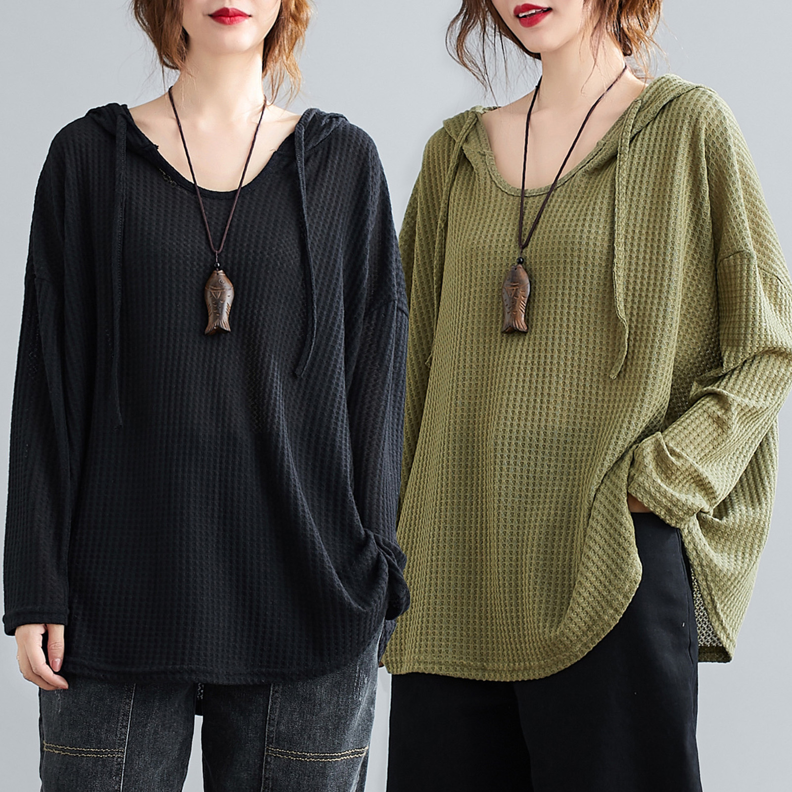 Women Hoodie Drawstring Long Sleeve Solid Color Loose Hooded Sweater Knit Pullover Casual Spring Autumn Plus Size