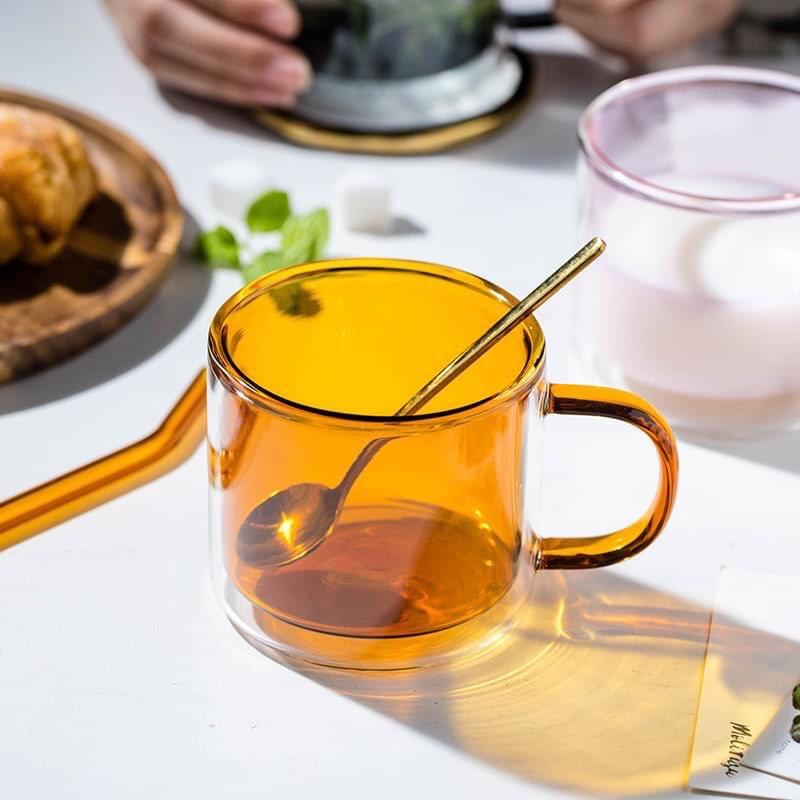 Cốc thủy tinh 2 lớp sắc màu, cốc thủy tinh có quai 300ml chịu nhiệt cao cấp