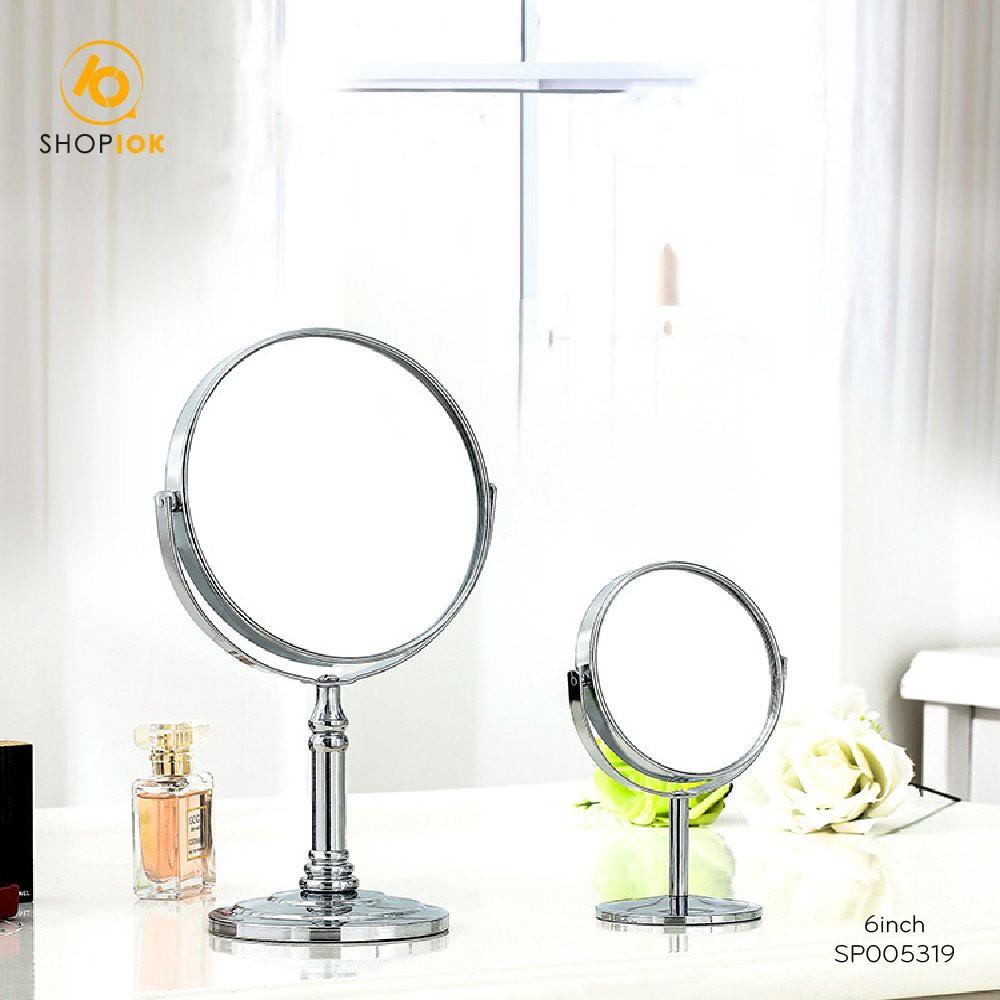 Gương trang điểm cho nữ, để bàn, gương phóng to 2 mặt khung inox xoay tròn nhiều kích thước