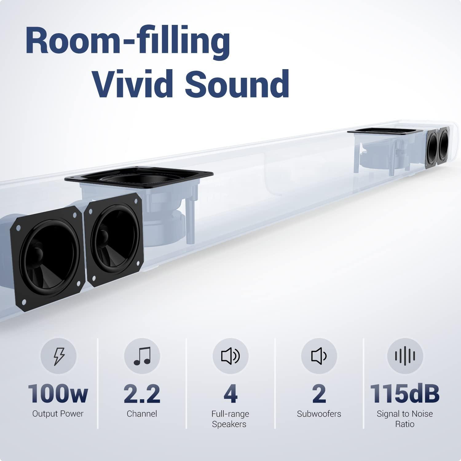 Tribit 38 inch 100W Soundbar cho TV: 2.2CH với 6 loa tích hợp, Bluetooth 5.0 hoặc AUX/USB/HDMI kết nối hệ thống nhà hát tại nhà Color: Black