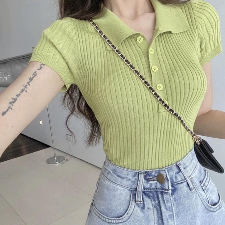 Áo thun polo len dệt kim nữ tay ngắn cổ đức phong cách Hàn Quốc trẻ trung