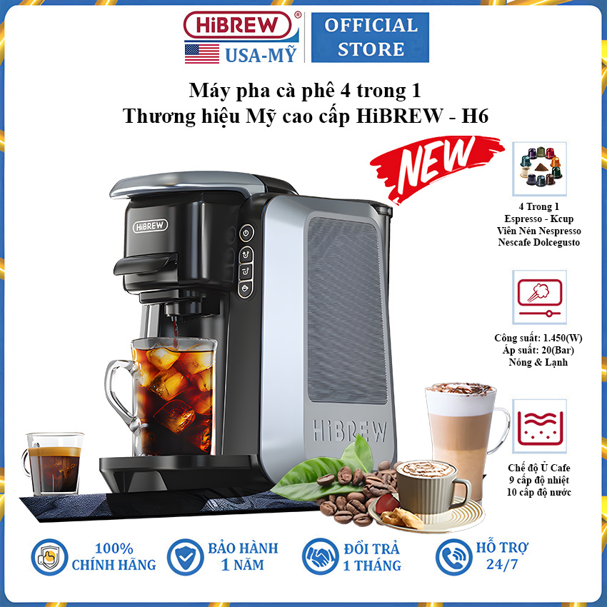 Máy pha cà phê 4 trong 1, Espresso, Viên Nén Nespresso, Nescafe Dolcegusto, Kcup HiBREW H6 - Hàng Chính Hãng