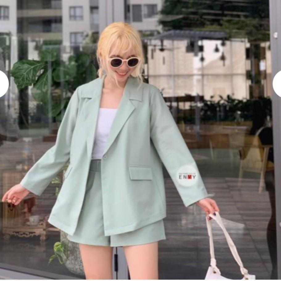 Bộ vest nữ màu xanh ,Vest nữ hàn quốc cao cấp, vest nữ công sở 2 món y hình