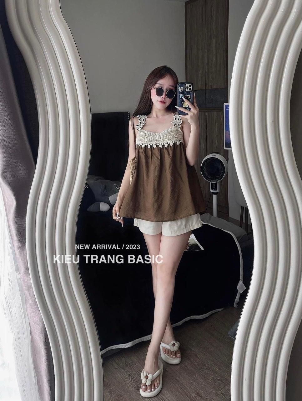 SET BỘ ĐI CHƠI, SET 2 MÓN ÁO BABYDOLL REN HOA 2S PHỐI QUẦN ĐÙI CỰC SANG - Brown