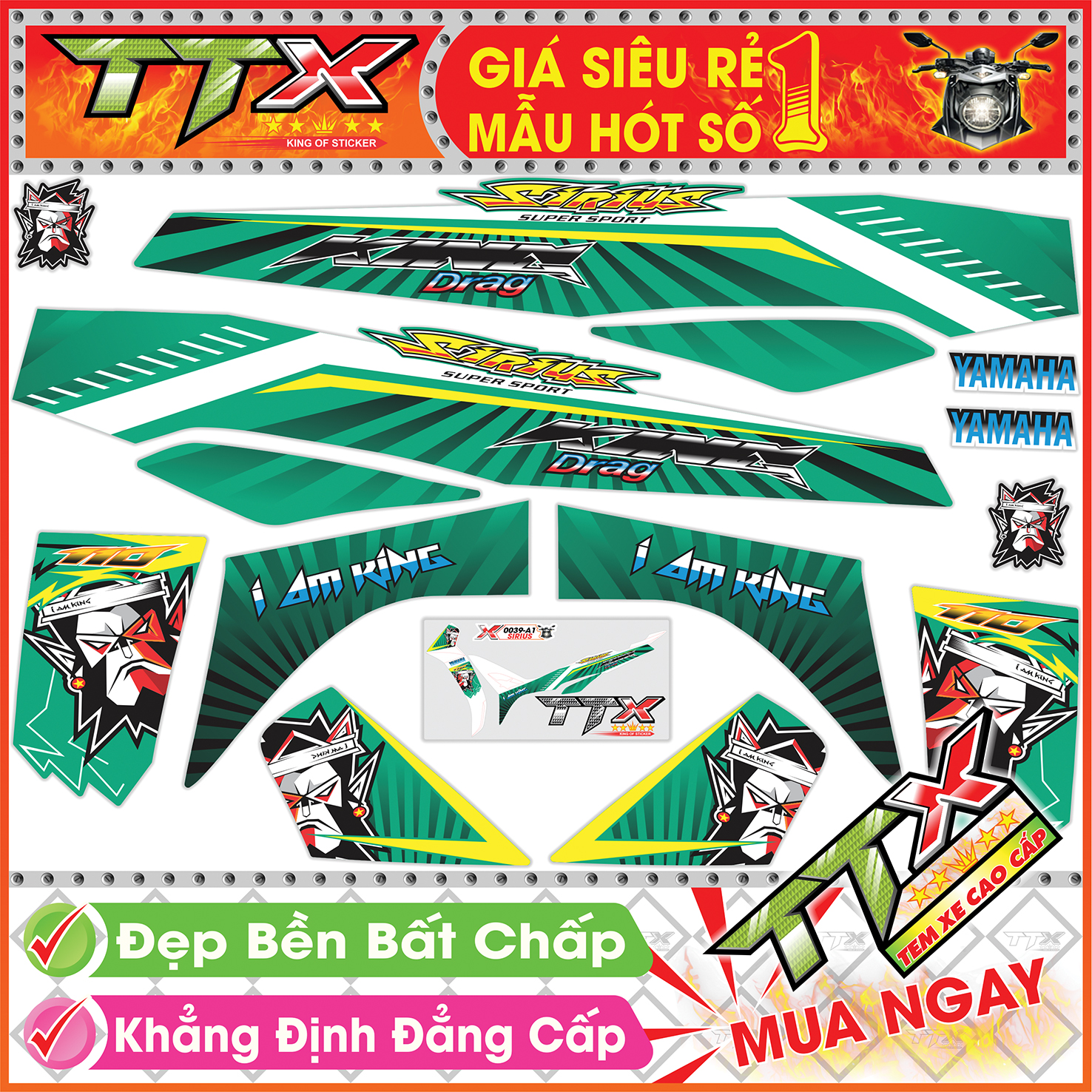 Tem dành cho sirius king , Tem xe phụ kiện sirius  vệt vàng màu trắng nền xanh siêu đẹp , Shop TTX team rời sirius mã (S0039/A1)