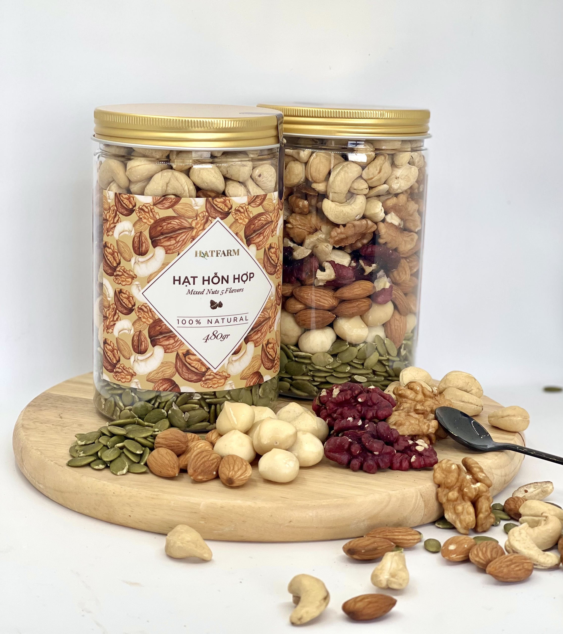Hạt Mixed Nuts Hỗn Hợp 5 Loại Nhập Khẩu đã tách vỏ 480gr (Óc Chó Đỏ, Vàng + Hạnh Nhân + Macca + Hạt Điều + Hạt Bí) HATFARM