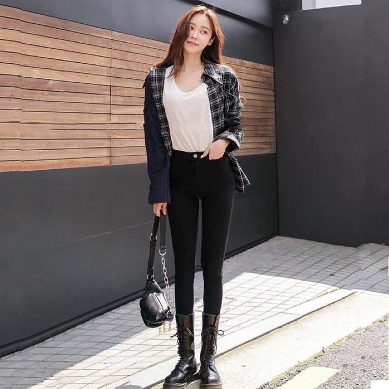 Quần tregging nữ lưng cạp cao - Quần legging nữ dài dáng thun ôm bó legging skinny vải giữ nhiệt màu đen