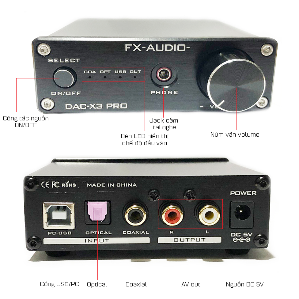 Bộ Giải Mã DAC X3 Pro - Chipset Cao Cấp ES9023 + CS8416 + NE5532 + CM108AH Hỗ Trợ Đa Dạng PC-USB Coxial Optical Đa Định Dạng Lossless, MP3, FLAC, WAV Thiết Kế Sang Trọng Thanh Trung Thực Bass Mạnh Mẽ Treble Sáng Rõ - Hàng nhập khẩu