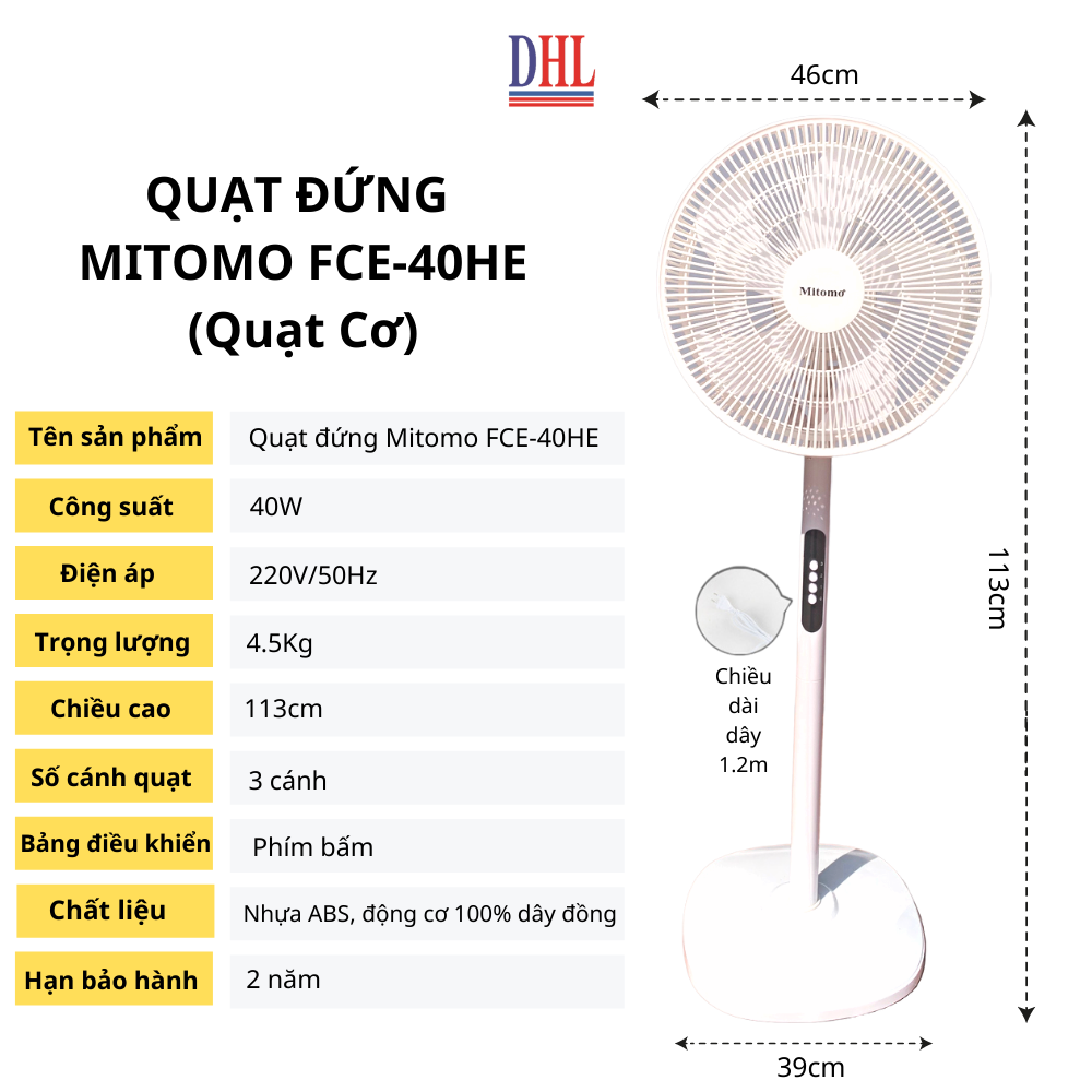 Quạt Cây Đứng Mitomo FCE-40 có điều khiễn từ xa, hẹn giờ hàng chính hãng