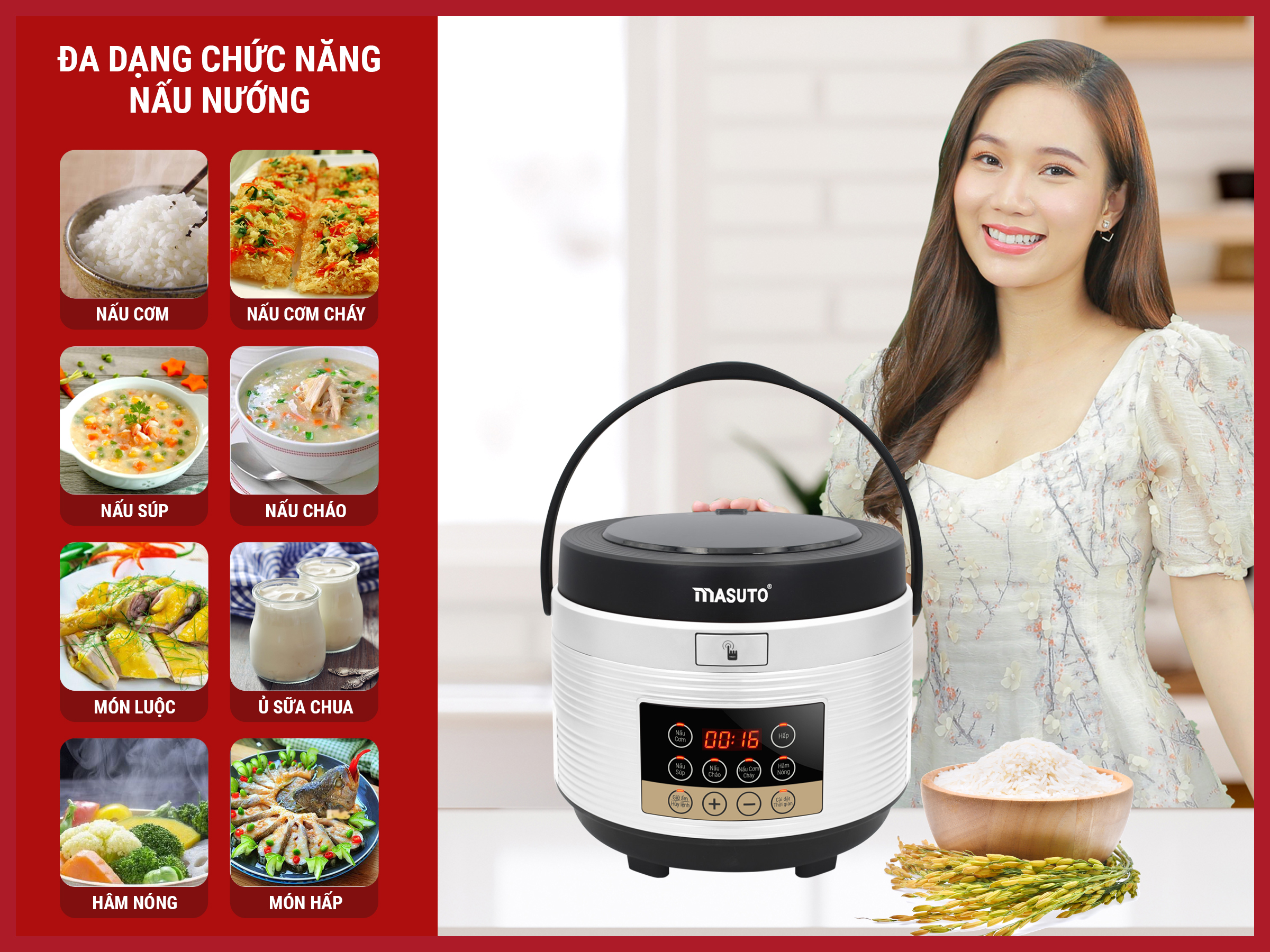 Nồi cơm điện tử lòng niêu Masuto 1,8L nấu ngon vị truyền thống có thể nấu cơm cháy-HÀNG CHÍNH HÃNG