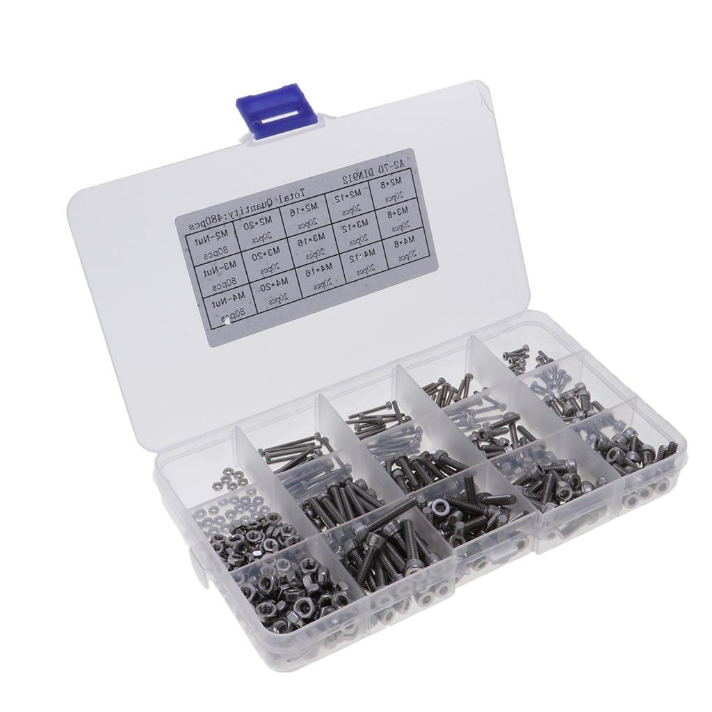 Pack of 480 Hex Screws Nuts Set in 15 Grids Plastic Case Stainless Steel