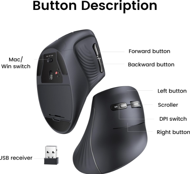 Chuột công thái học Ugreen 25444 MU008, Bluetooth 5.0 + USB Receiver 2.4GHz, DPI 1000/1600/2000/4000 - Hàng chính hãng
