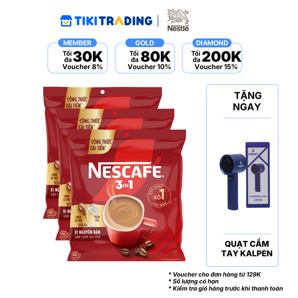 [Tặng QUÀ NGẪU NHIÊN] Combo 3 Bịch NESCAFE 3IN1 Công thức cải tiến – VỊ NGUYÊN BẢN Bịch 46 gói