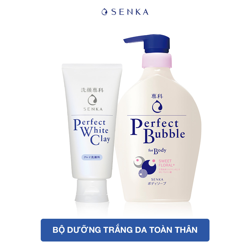 Combo Sữa tắm dưỡng ẩm Senka Perfect Whip hương hoa hồng, đinh hương 500ml và Sữa rửa mặt chiết xuất đất sét trắng Senka Perfect Whip Clay 120g