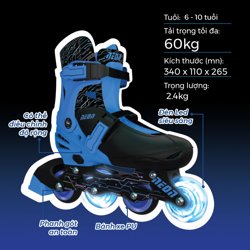 Giày Patin Yvolution Neon Inline Xanh Dương -Size 6-10 Tuổi NT08B4