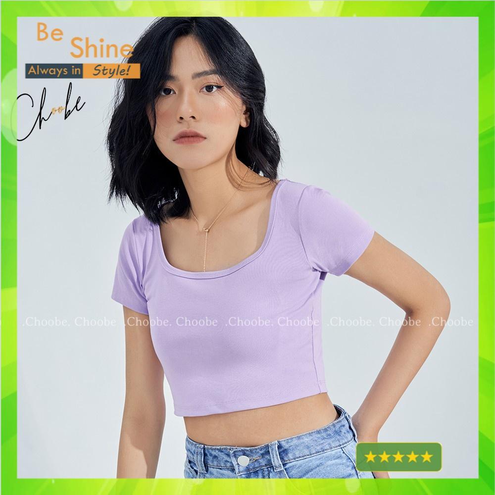 Áo croptop cổ Rộng vải cotton co giãn tốt ba lỗ nữ cộc tay body thun ôm