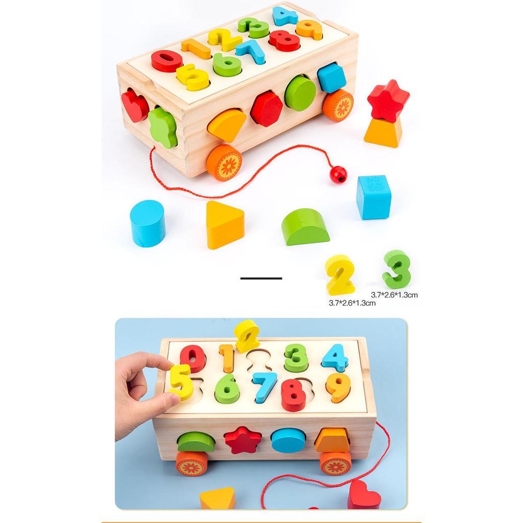 Đồ chơi Xe kéo thả hình khối và số đếm bằng gỗ loại đẹp cho bé
